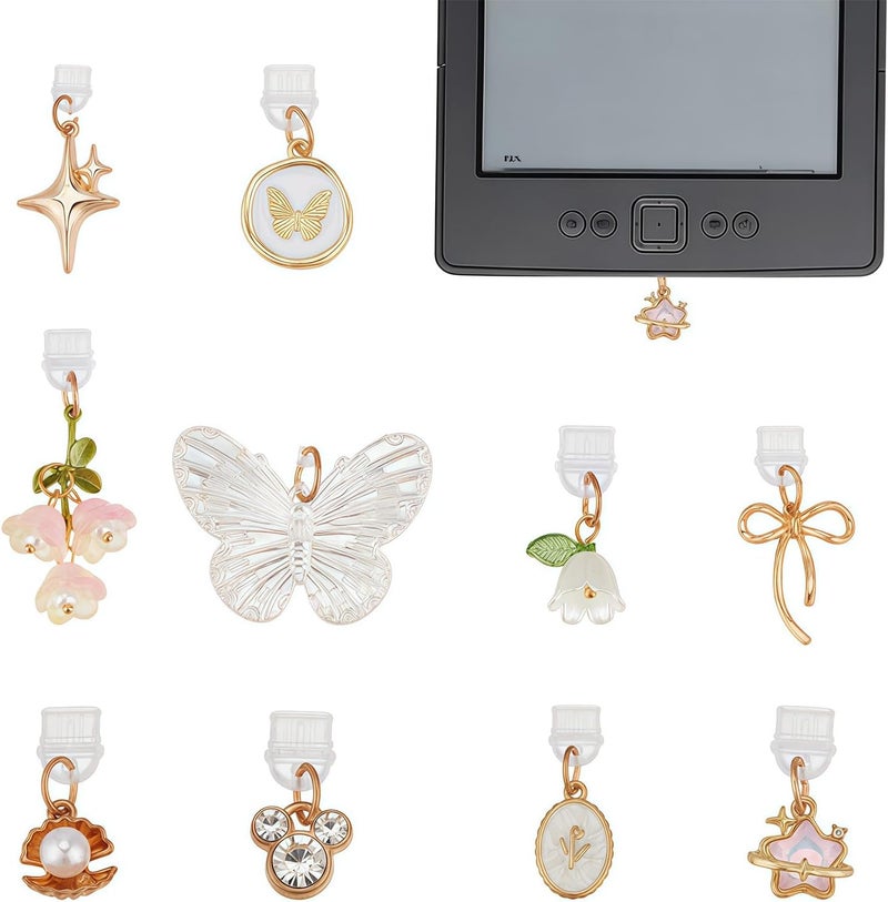 NICENEEDED 10Pcs Charms for Kindle, Butterfly Star Bow Flower Charms for E-Reader, Dust Plug Charm Compatible with Type C Charging Port Accessories for Kindle Gift for Book Lover Readers - Image 1