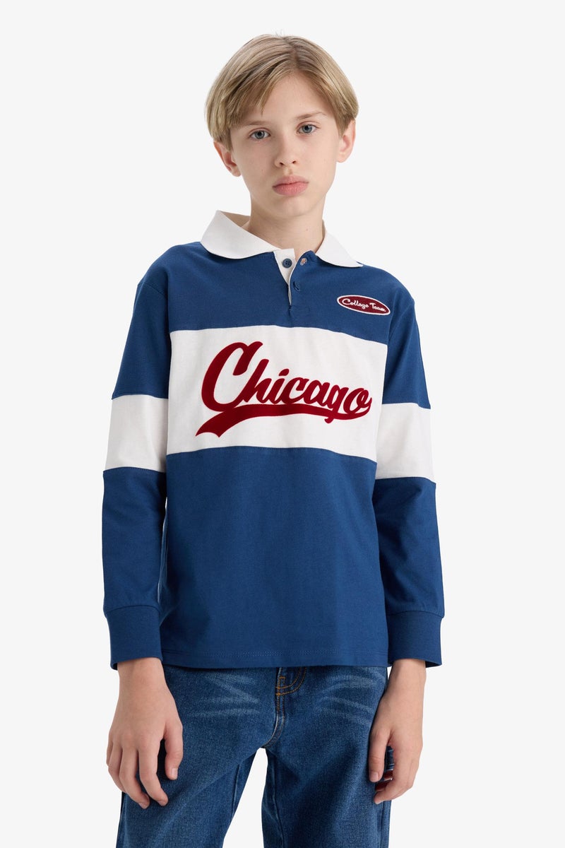 ديفاكتو تي شيرت بولو بأكمام طويلة وياقة بولو ومقاس كبير للأولاد - Image 4