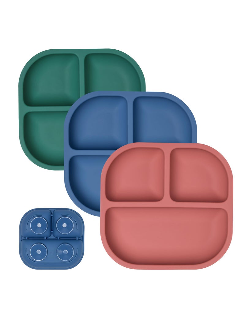 BABELIO Powerful Suction Plates for Baby and Toddler, 100% Food Grand Silicone, Divided, BPA Free, Microwave & Dishwasher Safe, Stay Put, 3 Pack - Image 1