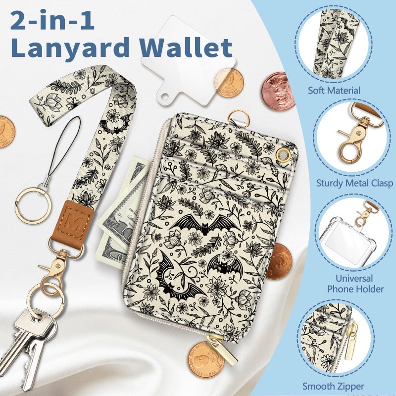 Mavellin Lanyard Wallet with Id Badge Holder, Gothic Bat RFID Small Keychain Wallet Women Wristlet, Cute Zipper Credit Card Holder Phone Wrist Neck Strap for Key Name Tag, Teacher Student Office Gifts - Image 3