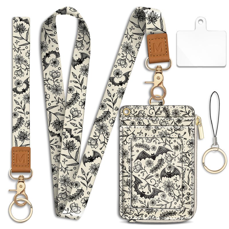 Mavellin Lanyard Wallet with Id Badge Holder, Gothic Bat RFID Small Keychain Wallet Women Wristlet, Cute Zipper Credit Card Holder Phone Wrist Neck Strap for Key Name Tag, Teacher Student Office Gifts - Image 1