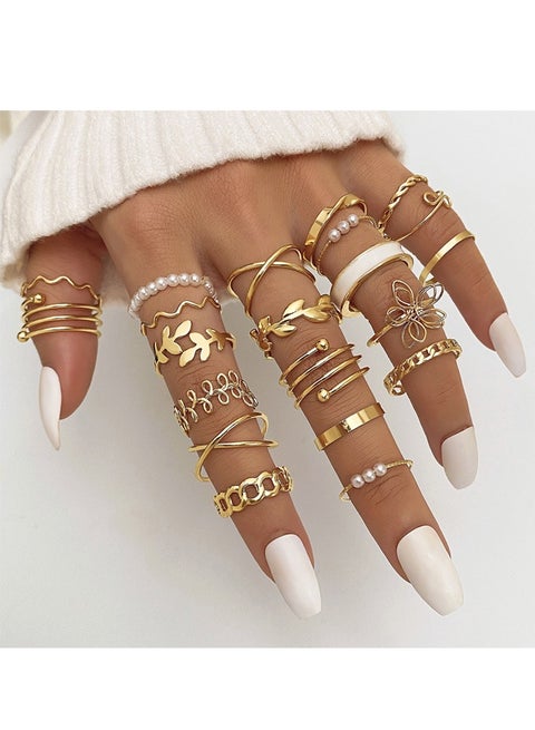 مجموعة من 22 خاتمًا ذهبيًا قابلًا للتكديس للنساء، خواتم مفصلية سميكة بأحجام متعددة