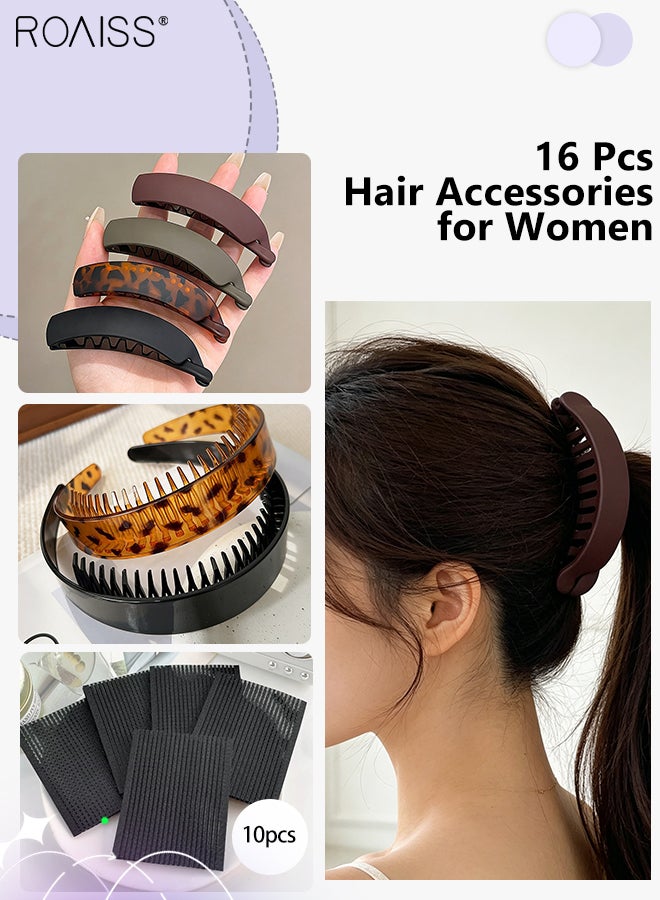roaiss 16 Pcs Women's Hair Accessory Set, 4 Pcs Simple Ponytail Hair Clips, 2 Pcs Frosted Non-slip Headbands with Toothed Combs, 10 Pcs Seamless Velcro Hair Accessories for Daily Wear, Party, Holiday Party - Image 1