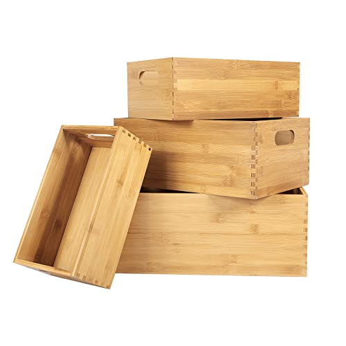 ANMINY Rattan Storage Basket Set of 3 Natural Bamboo Wooden Baskets with Handles Desktop Decorative Wicker Storage Basket Wood Nesting Crates Home Sundry Office Drawer Shelf Organizer - Image 1