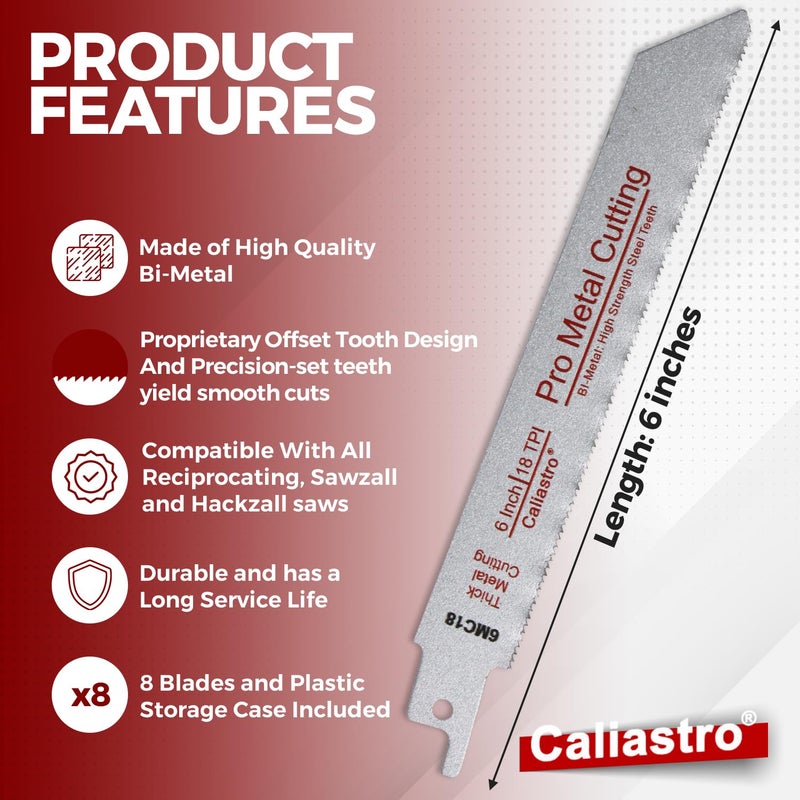 Caliastro 6-Inch Thick Metal Cutting Reciprocating Saw Blades (18 TPI) Made of Long Lasting Bi-Metal (HSS Teeth Bonded to HCS Body) - 8 Pack - Caliastro - Image 4