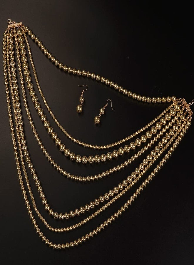 Chmier Multi-Layered Simulated Faux Pearl Strand Necklace and Earrings Set Gold Long Chunky Stacked Choker for Women - Image 3