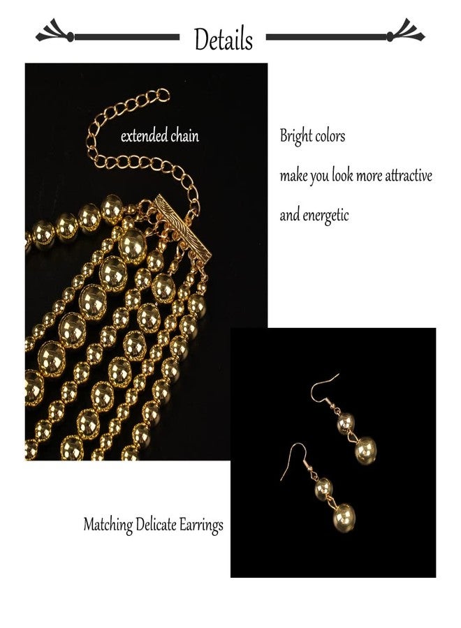 Chmier Multi-Layered Simulated Faux Pearl Strand Necklace and Earrings Set Gold Long Chunky Stacked Choker for Women - Image 4
