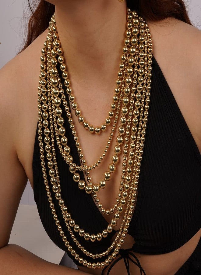 Chmier Multi-Layered Simulated Faux Pearl Strand Necklace and Earrings Set Gold Long Chunky Stacked Choker for Women - Image 2