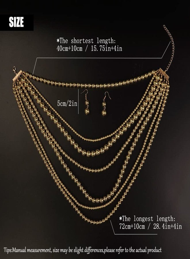 Chmier Multi-Layered Simulated Faux Pearl Strand Necklace and Earrings Set Gold Long Chunky Stacked Choker for Women - Image 5