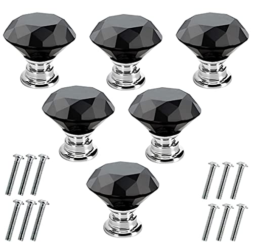 Akstore 6 Pcs Crystal Glass Cabinet Knobs 30mm Diamond Shape Drawer Kitchen Cabinets Dresser Cupboard Wardrobe Pulls Handles (30mm, Black) - Image 1