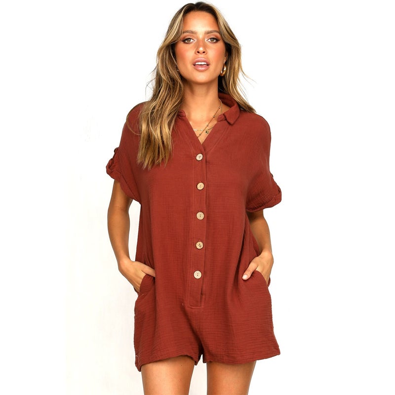 Spot! Cross-border European and American Fashion Womens 2019 Spring and Summer New Ebay Hot Shirt Button Jumpsuit Brick Red  - Image 1