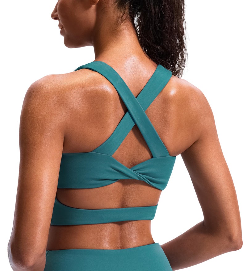 JOYSPELS Stunning Criss-Cross Back Sports Bra, Buttery Soft Longline Yoga Tank Top with Removable Padding, Padded Open-Back Workout Top for Pilates, Barre & Medium-Impact Gym Dark Green - Image 1