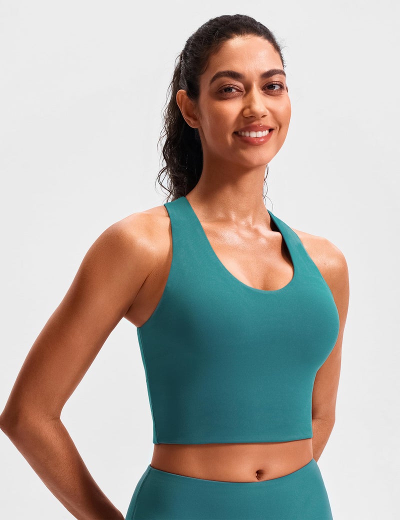 JOYSPELS Stunning Criss-Cross Back Sports Bra, Buttery Soft Longline Yoga Tank Top with Removable Padding, Padded Open-Back Workout Top for Pilates, Barre & Medium-Impact Gym Dark Green - Image 2