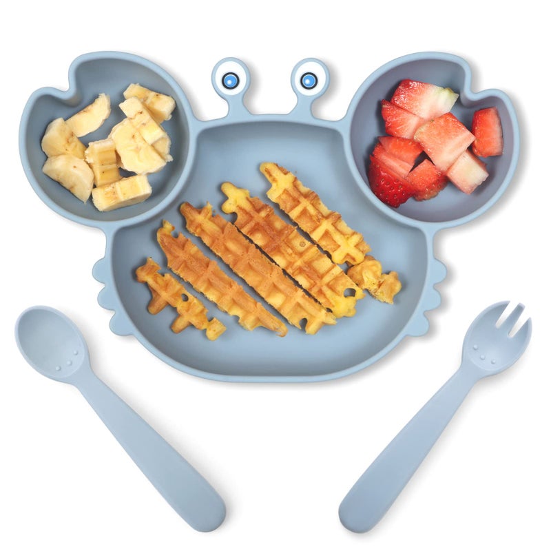 ROCCED Suction Plates for Baby Silicone Plates with Suction Divided Baby Spoon Fork Set for Toddler Baby Dishes Kids UtensilsCrab Dusty Blue