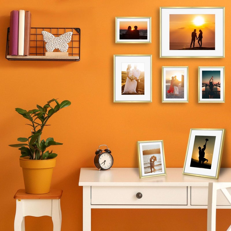 Frametory, Gold Aluminum Picture Frame with Removable Mat - Set of 7 Includes Four 5x7, Two 8x10, One 11x14 - Real Glass Front - Simple Gallery Wall Frames for Art Prints and Posters - Image 2