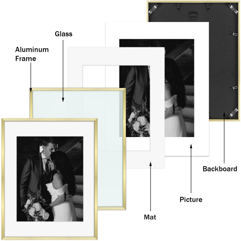Frametory, Gold Aluminum Picture Frame with Removable Mat - Set of 7 Includes Four 5x7, Two 8x10, One 11x14 - Real Glass Front - Simple Gallery Wall Frames for Art Prints and Posters - Image 5