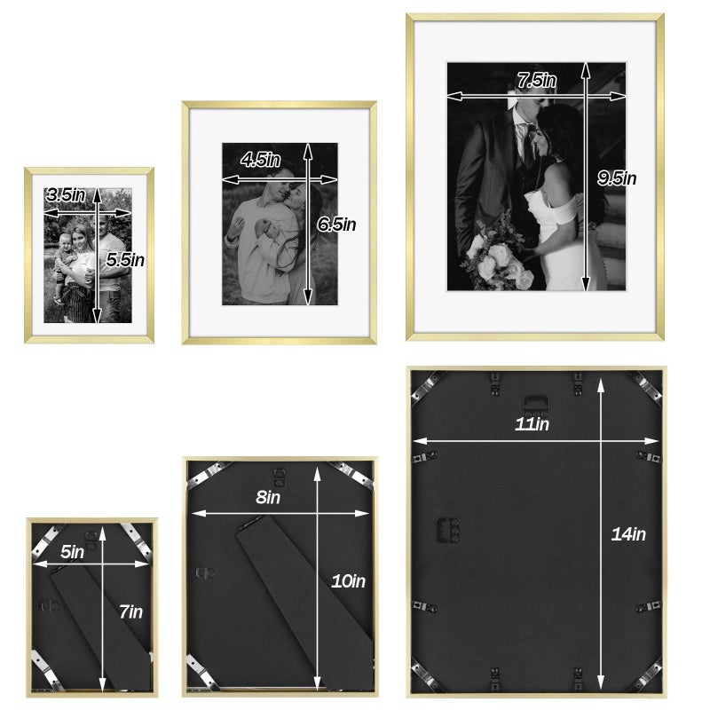 Frametory, Gold Aluminum Picture Frame with Removable Mat - Set of 7 Includes Four 5x7, Two 8x10, One 11x14 - Real Glass Front - Simple Gallery Wall Frames for Art Prints and Posters - Image 4