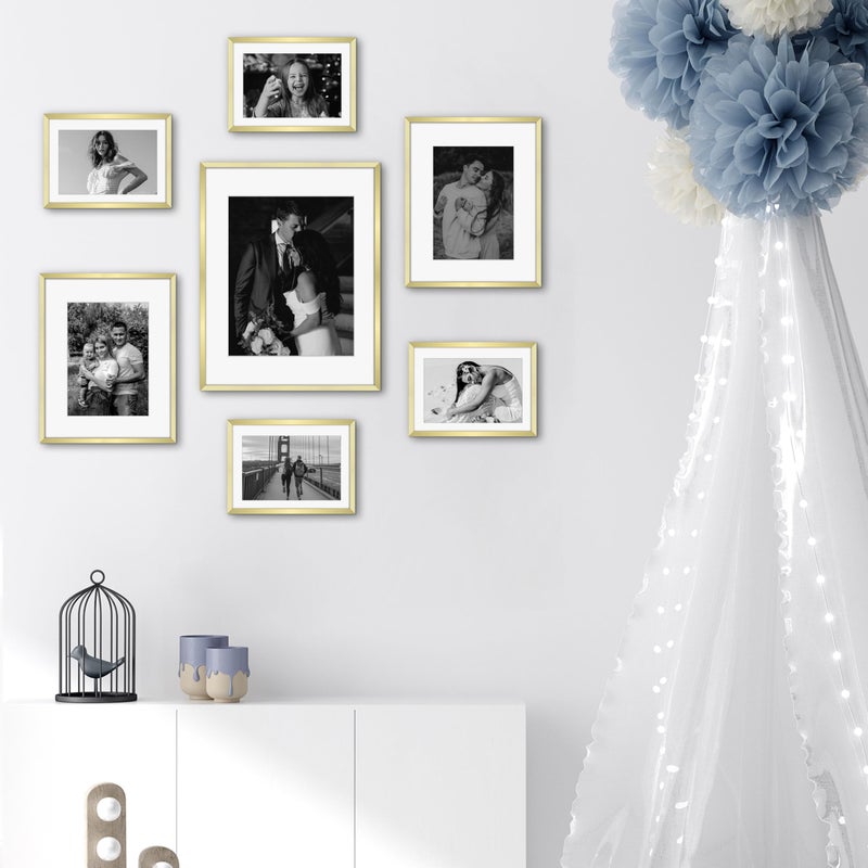 Frametory, Gold Aluminum Picture Frame with Removable Mat - Set of 7 Includes Four 5x7, Two 8x10, One 11x14 - Real Glass Front - Simple Gallery Wall Frames for Art Prints and Posters - Image 3