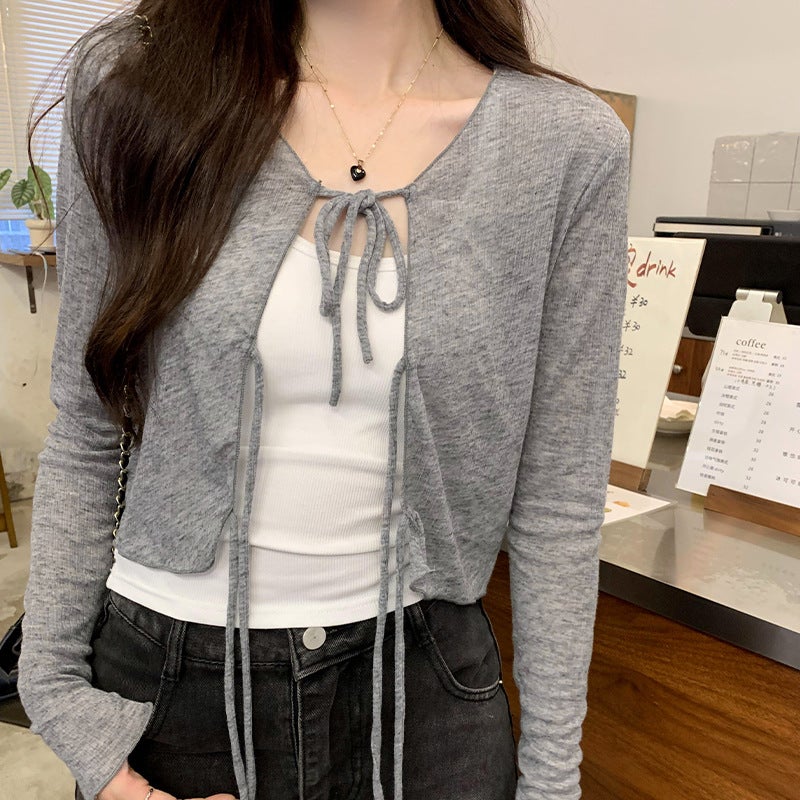 Unique Design Sense Beautiful Lace-up Skirt Outer Cardigan T-shirt Womens Early Autumn 2024 New Style Short Top Light gray - Image 2