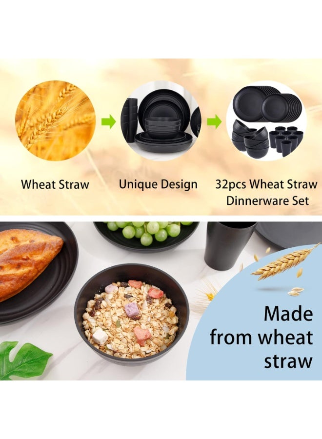 موثوقية التنبؤ طقم أدوات مائدة من قش القمح، أدوات مائدة غير قابلة للكسر لثمانية أشخاص، آمنة للاستخدام في الميكروويف وغسالة الأطباق، أدوات مائدة قابلة لإعادة الاستخدام، طقم أسود من ١٦ طبقًا، ٨ أوعية، ٨ أكواب - Image 4