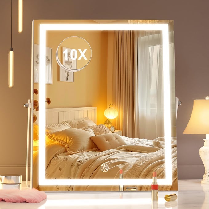 VANITY MIRROR WITH LIGHTS 114 X 138 LED MAKEUP MIRROR WITH 10X MAGNIFICATION SMART TOUCH 3 COLORS DIMMABLE BRIGHTNESS ADJUSTMENT 360 ROTATION WHITE