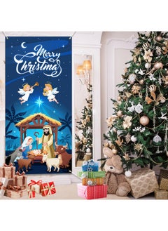 HOWAF Merry Christmas Nativity Scene Door Cover Banner, Nativity Barn Birth Of Jesus Nativity Backdrop Scene Blue Large Holy Nativity Backdrop For Xmas Party  - Image 4