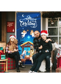 HOWAF Merry Christmas Nativity Scene Door Cover Banner, Nativity Barn Birth Of Jesus Nativity Backdrop Scene Blue Large Holy Nativity Backdrop For Xmas Party  - Image 3