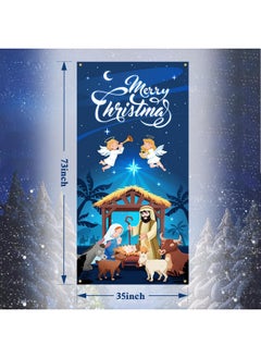 HOWAF Merry Christmas Nativity Scene Door Cover Banner, Nativity Barn Birth Of Jesus Nativity Backdrop Scene Blue Large Holy Nativity Backdrop For Xmas Party  - Image 1