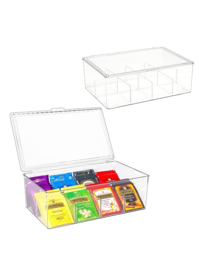 Tea Bag Organizer Clear Acrylic Tea Storage Box with Lid, Plastic Tea Bag Holder Stackable Tea Organizer for Tea Bags Container Dispenser for Cabinet Pantry Counter Countertop -Clear - Image 1