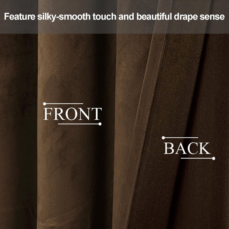 JIUZHEN Velvet Curtains 108 Inch Long-Soft Retro Velvet Blackout Thermal Insulated & Noise Reducing Grommet Curtains for Living Room/Hotel Hall  52W x 108L  2 Panels with Tiebacks Brown