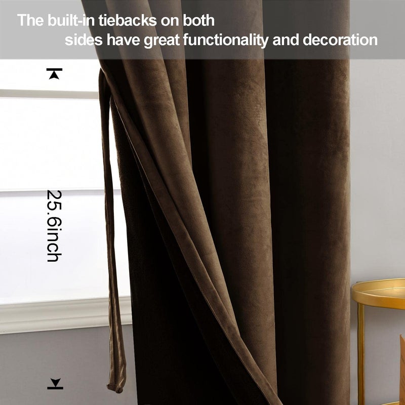 JIUZHEN Velvet Curtains 108 Inch Long-Soft Retro Velvet Blackout Thermal Insulated & Noise Reducing Grommet Curtains for Living Room/Hotel Hall  52W x 108L  2 Panels with Tiebacks Brown