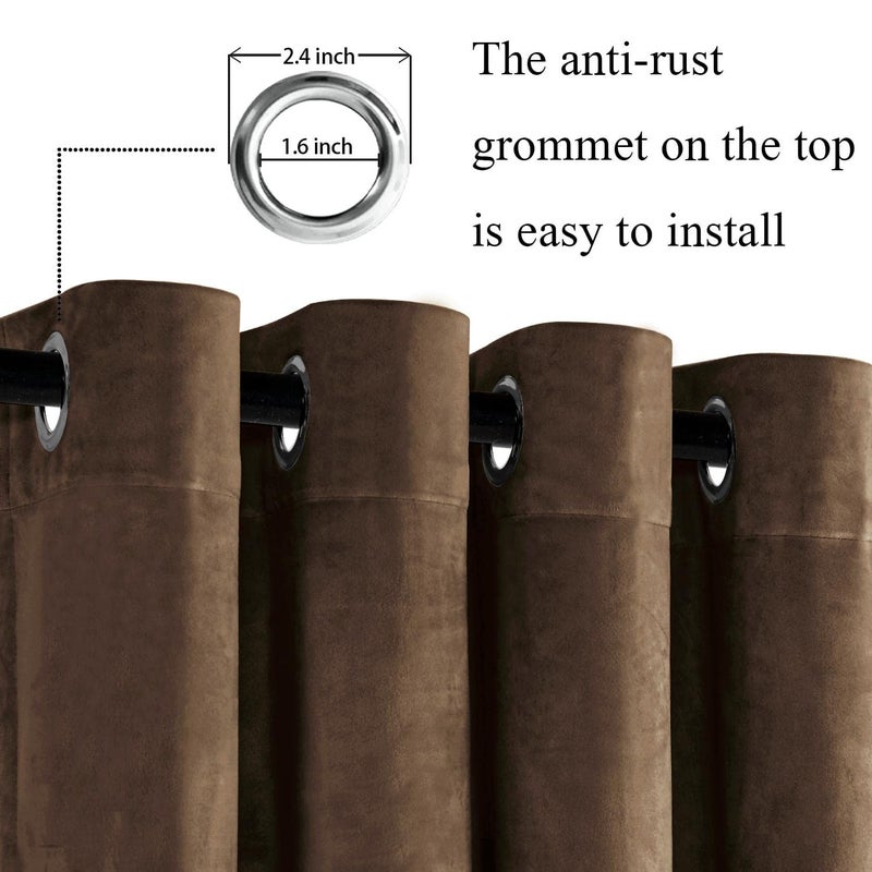 JIUZHEN Velvet Curtains 108 Inch Long-Soft Retro Velvet Blackout Thermal Insulated & Noise Reducing Grommet Curtains for Living Room/Hotel Hall  52W x 108L  2 Panels with Tiebacks Brown