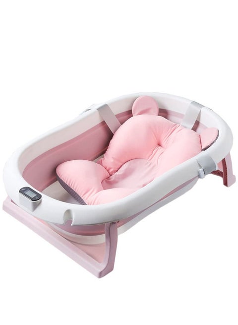 Baby Folding Bathtub, Foldable Baby Bathtub with Temperature Sensing,Portable Safe Shower Basin with Support Pad for Newborn/Infant/Toddler,Sitting Lying Large Safe Bathtub (Pink)