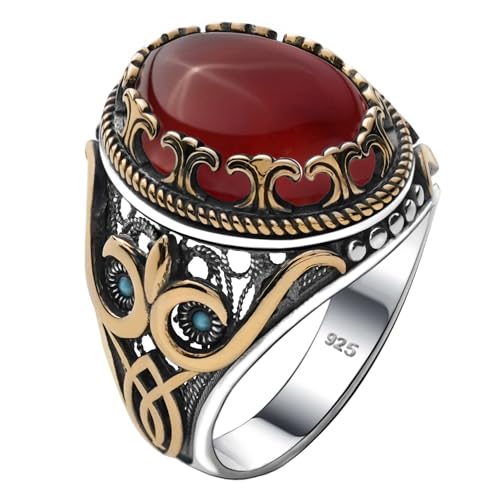 Babylon Silver Men's Natural Red Agate Oval Ring in Genuine Solid 925 Sterling Silver Accented with bronze, Authentic Vintage Turkish Ottoman Style (Red Agate, 9) - Image 1