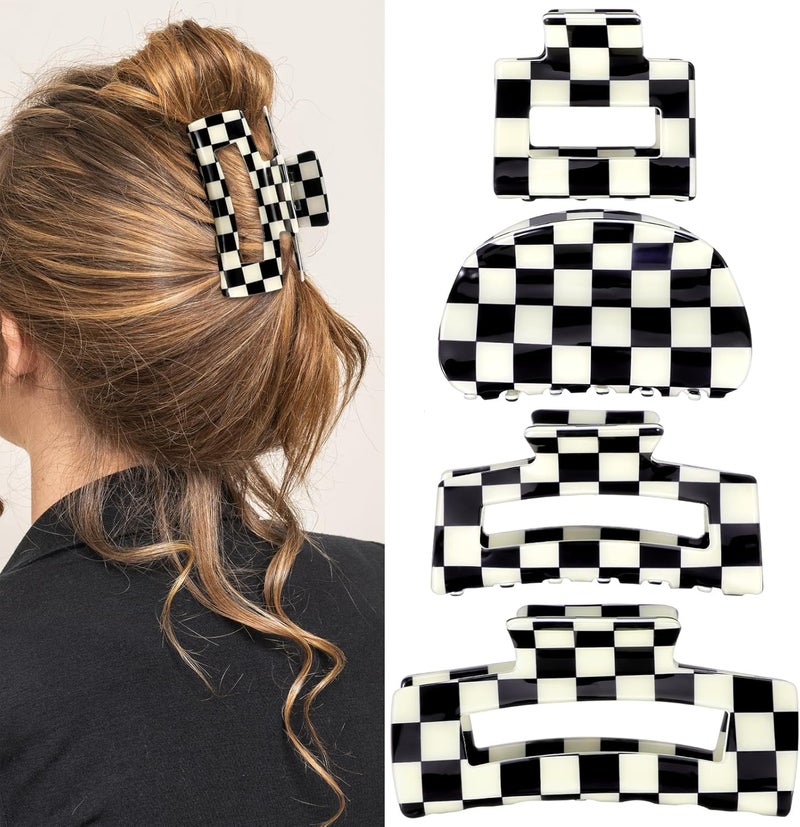 4Pcs Checkered Hair Claw Clips Non Slip Hair Jaw Clip for Thick Thin Curly Straight Long Hair Simple Style Black White Square Claw Clips for Womens Hair Accessories