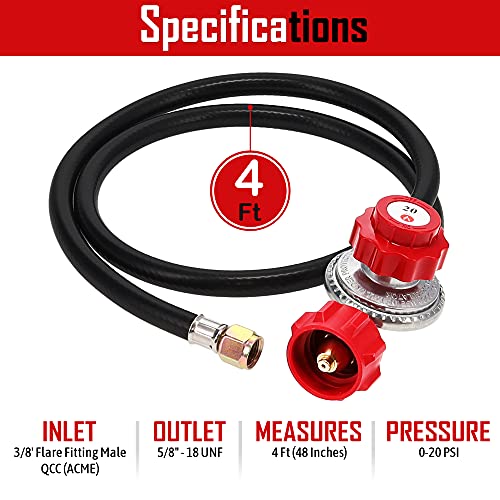 GASONE Propane Regulator - Brass Orifice 4 ft High Pressure 0-20 PSI Adjustable With Hose QCC-1 Type - Works With Any U.S. Tanks Red - Image 4