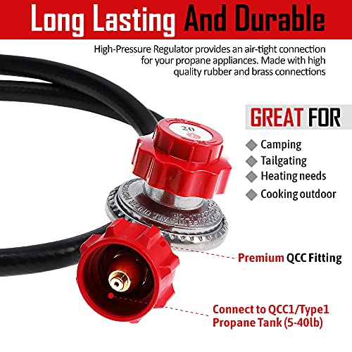 GASONE Propane Regulator - Brass Orifice 4 ft High Pressure 0-20 PSI Adjustable With Hose QCC-1 Type - Works With Any U.S. Tanks Red - Image 5