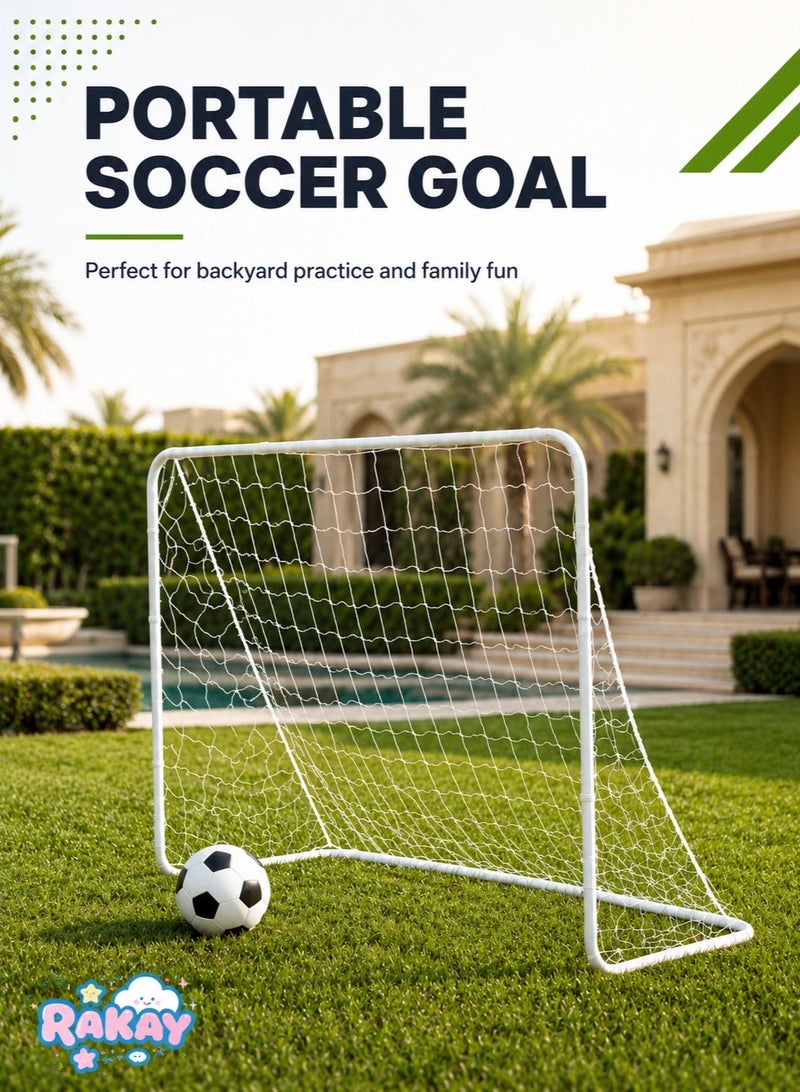 RAKAY Portable Soccer Goal with Net,Football Goal with a Single Net 120 x 80 x 60 cm, Goal Meatel Post,White Frame, Includes Ground Pegs - Image 1