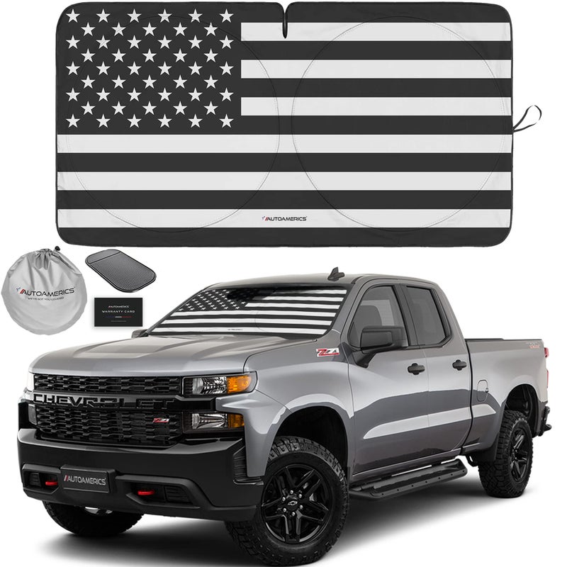 Autoamerics Truck Windshield Sun Shade with Storage Pouch & Anti-Slip Dashboard Pad - Foldable B&W American Flag Design Sunshade - Blocks Max UV Rays, Keeps Vehicle Cool | X-Large (66 x 36 inches) - Image 1