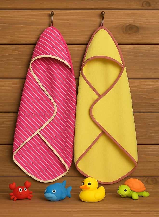 TuddyBuddy 100% Cotton Hooded Terry Towel for Babies/Super Soft Bath Towel for 0 Months - 2 Years Baby - Ideal for Newborn Babies - (Pack of 2 - Yellow & Pink Stripes) - Image 1