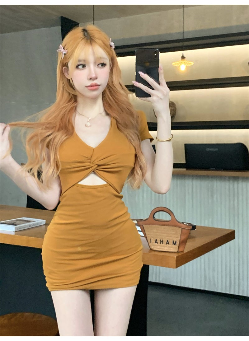 Generic Hong Kong Style High-End Feelsuit Dress Womens Petite Waist-Fitted Bodycon Skirt V-Neck Hollow Short Sleeves Summer Outfit Yellow 