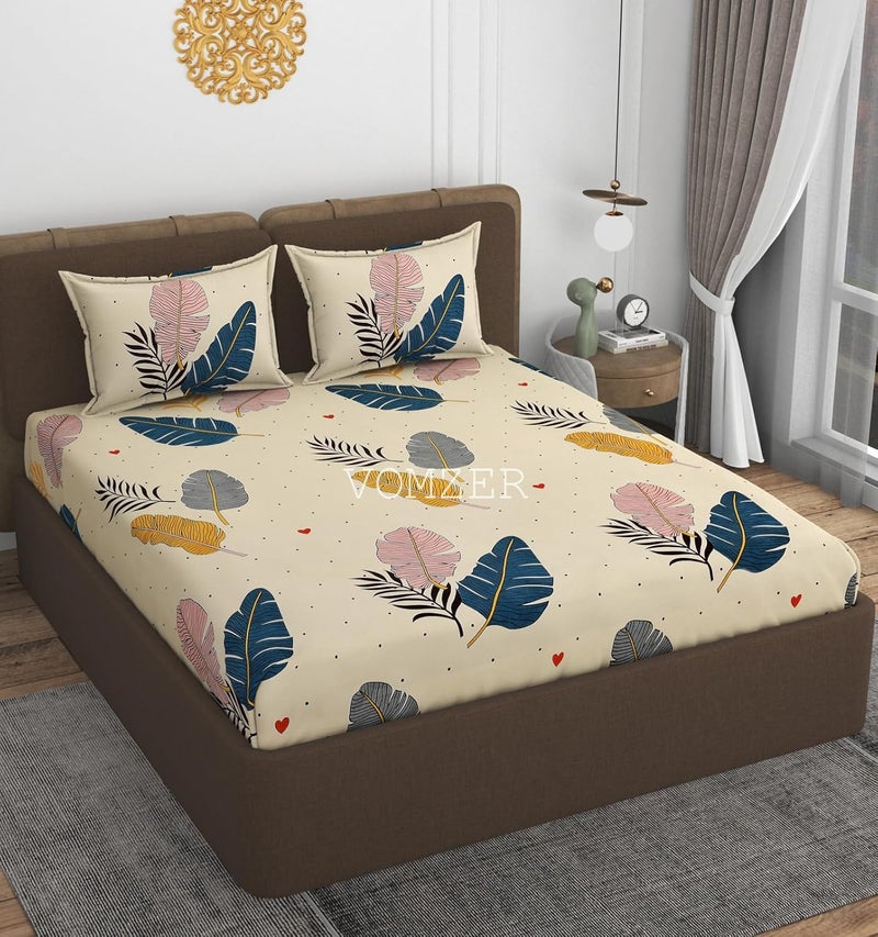 VOMZER 320 TC Cotton Feel All Around Elastic Fitted Queen Size Bedsheets, Supersoft Elastic Fitted Double Bedsheet with 2 Pillow Covers, Size 60x78x8 Inches (Cream) - Image 2