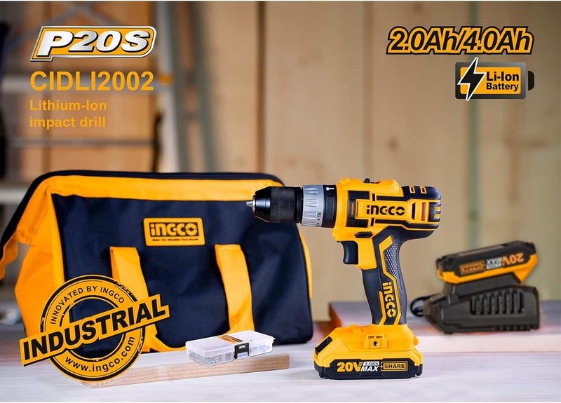 INGCO Impact Drill, Cidli2002 Lithium-Ion Impact Drill, 20V Cordless Impact Drill With 2Pcs Battery Pack And 1Pc 1Hr Fast Charger 22500/Min Impact Rate, Cordless Impact Drill Electric Impact Drill - Image 2