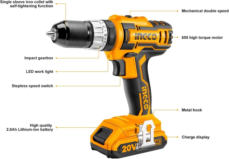 INGCO Impact Drill, Cidli2002 Lithium-Ion Impact Drill, 20V Cordless Impact Drill With 2Pcs Battery Pack And 1Pc 1Hr Fast Charger 22500/Min Impact Rate, Cordless Impact Drill Electric Impact Drill - Image 5