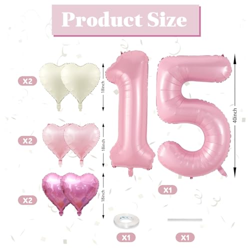 Biapian 40 Inch Pastel Pink 15 Balloons Large Light Pink 15 Balloon Number with Pearl Baby Pink Cream Foil Heart Balloons for Girls 15th Birthday Party Baby Shower Anniversary Princess Party Decorations - Image 5