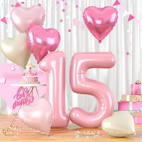 Biapian 40 Inch Pastel Pink 15 Balloons Large Light Pink 15 Balloon Number with Pearl Baby Pink Cream Foil Heart Balloons for Girls 15th Birthday Party Baby Shower Anniversary Princess Party Decorations - Image 1