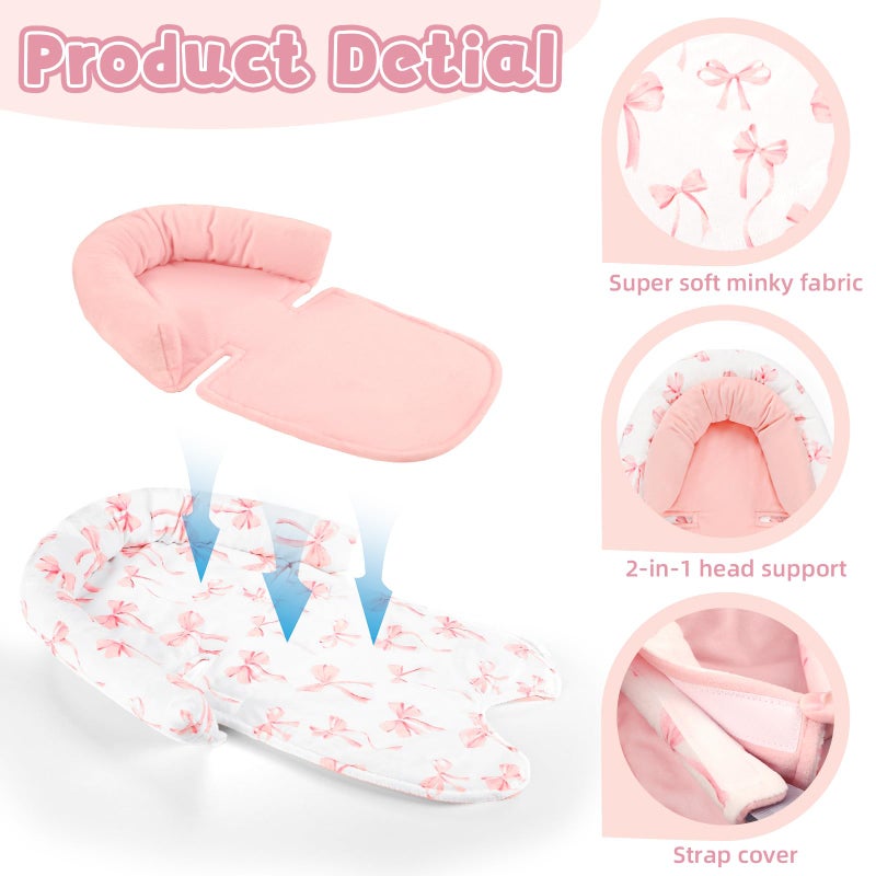DAYEEBALL Infant Car Seat Insert with 2 Strap Pads, Carseat Cushion Baby Boy & Girl, Soft and Comfortable Carseat Head Support for Newborn, Pink Bow - Image 3