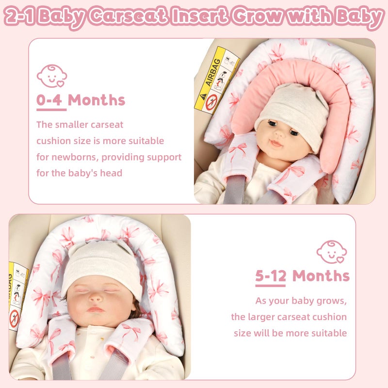 DAYEEBALL Infant Car Seat Insert with 2 Strap Pads, Carseat Cushion Baby Boy & Girl, Soft and Comfortable Carseat Head Support for Newborn, Pink Bow - Image 5