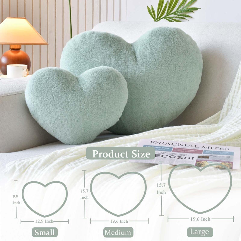 XVTRU Sage Green Heart Pillows  Cute Heart Decorative Pillow  Heart Shaped Throw Pillows for Bed  Faux Rabbit Fur Plush Hoom Decor Pillow Cushion for Chair Sofa Living Room (Medium-15.7""x11.8"") - Image 2