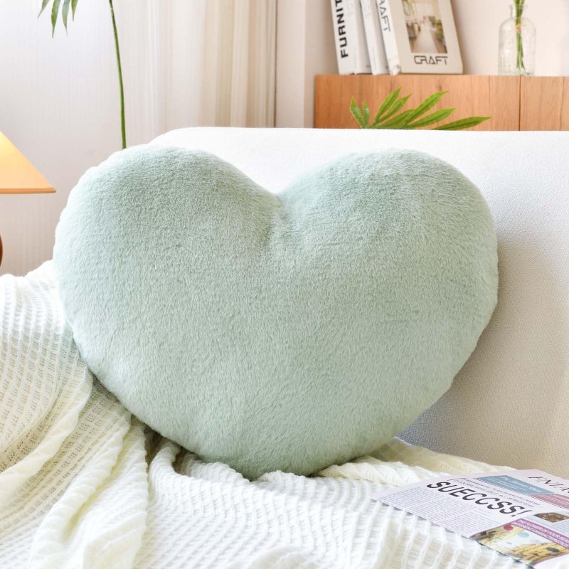XVTRU Sage Green Heart Pillows  Cute Heart Decorative Pillow  Heart Shaped Throw Pillows for Bed  Faux Rabbit Fur Plush Hoom Decor Pillow Cushion for Chair Sofa Living Room (Medium-15.7""x11.8"") - Image 1